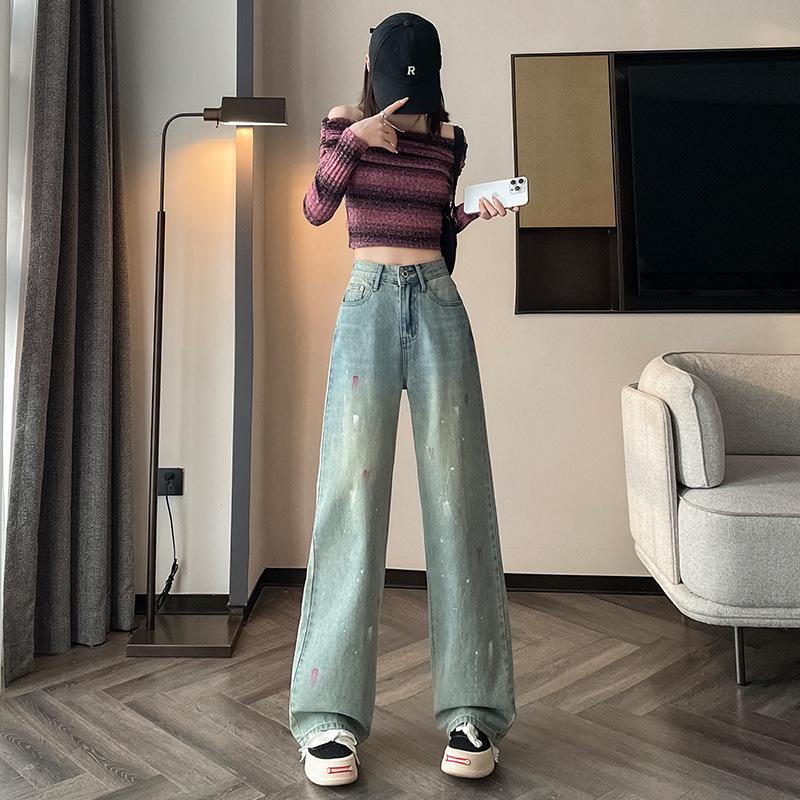 

Light Blue Denim Wide-Leg Women s Pants with Plus Velvet, Loose Fit, Slimming Design, for Spring and Autumn Medium