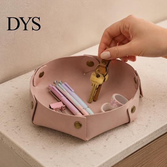 Home Office Storage Solution PU Leather Folding Tray, Waterproof Portable Jewelry Dish, Entryway Key Holder Retro Rivet Desktop Organizer Tray for And