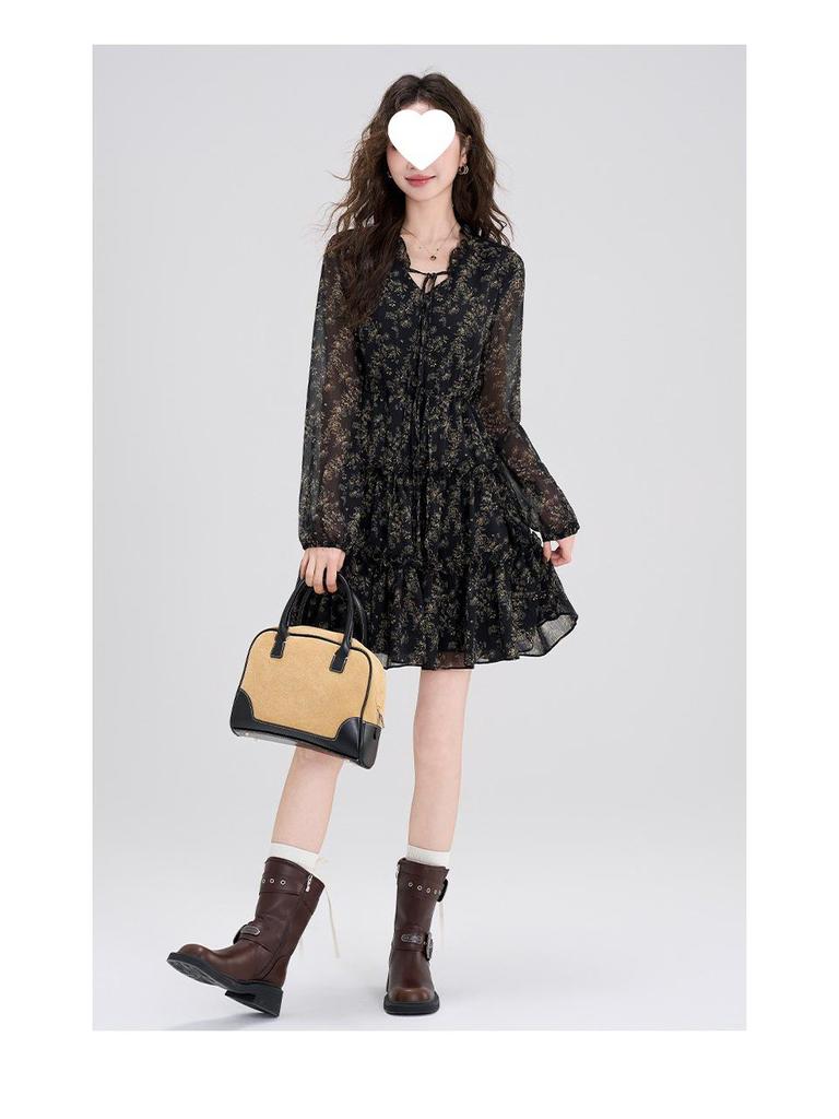Chic Retro Floral Chiffon Dress: Petite Waist-Cinched Slim Black Style for Autumn & Winter