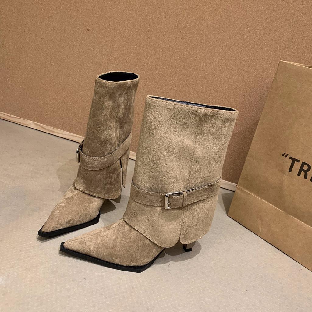 Wasteland Suede Pointed Belt Buckle High-heeled Short Boots Women's Thin Thin-heeled Trouser Tube Boots Medium Boots