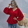 Women Spring Summer Casual Blouse Top Shirt V-Neck Long Puff Sleeve Slim Chiffon Solid Red S M L XL