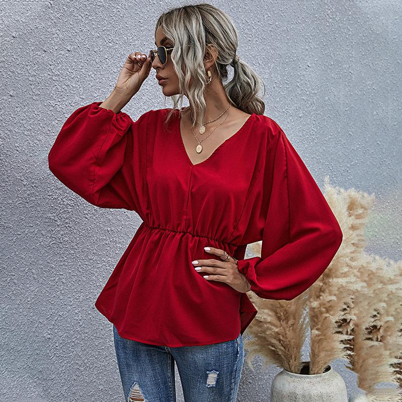 Women Spring Summer Casual Blouse Top Shirt V-Neck Long Puff Sleeve Slim Chiffon Solid Red S M L XL