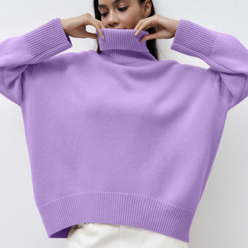 Hirsionsan Pulover tricotat cu gât roscat solid pentru femei, iarnă, nou, îngroșat, cald, cu mânecă lungă, pulover, lejer, de bază, tricotaj pentru femei