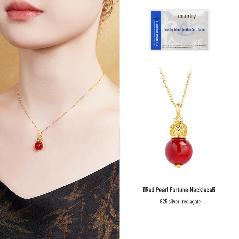 S925 Sterling Silver Fu Gourd Carnelian Pendant Necklace - Women's Chinese Style, Elegant Fresh Fashion Clavicle Chain