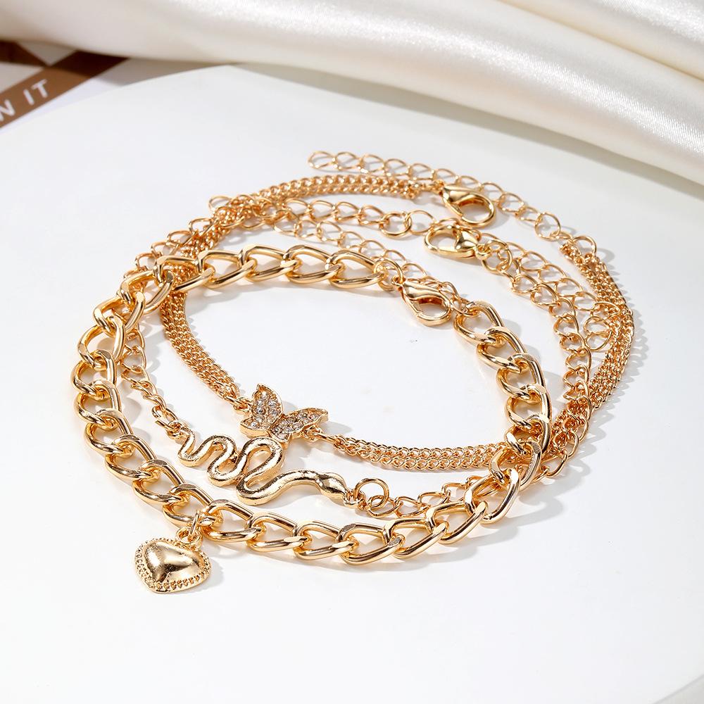 

For Women Creative Anklet Artificial Crystal Chain Anklet Set Vintage Snake Butterfly 3-piece Multi-layer Golden Chain золотистий