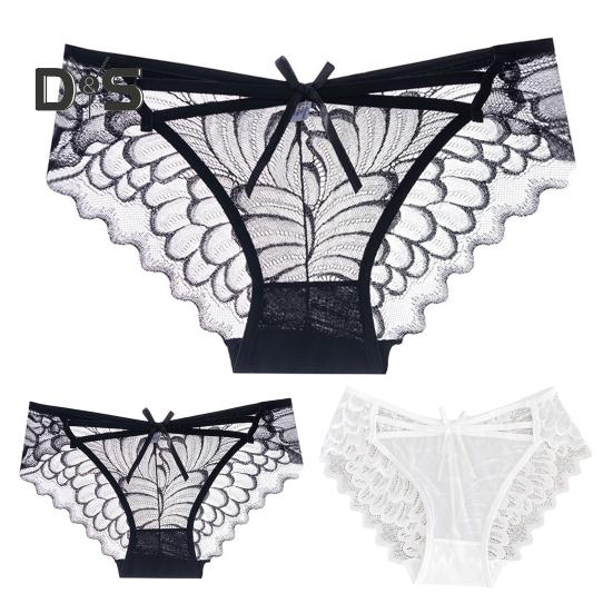 Women's Lace Thongs Low Waist See Through Panties with Bow Sexy Lace Mesh Briefs Ultra-Thin Breathable Bikini Underwear