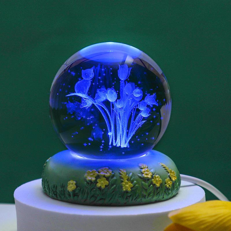 Tulip Crystal Ball 3D Night Light - Luminous Bedroom Ornament & Birthday Gift for Girls
