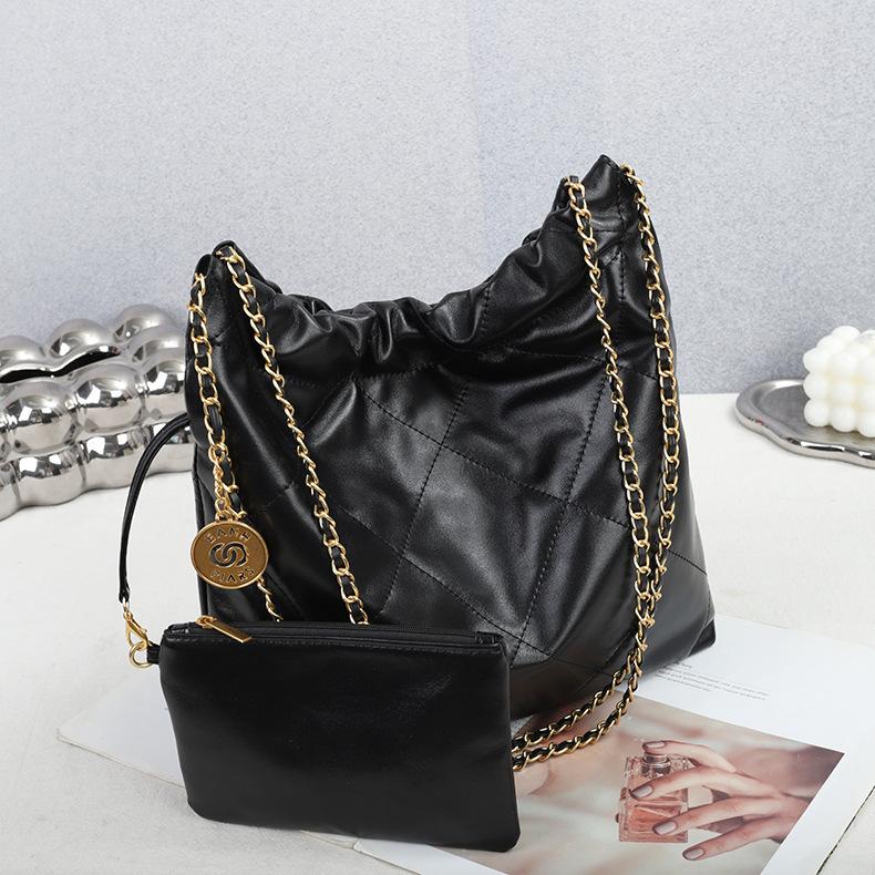 New Large-capacity First-layer Cowhide Gold Coin Bucket Bag, Genuine Leather Pleated Chain, Shoulder Bag, Fashion Garbage Bag, Bag.