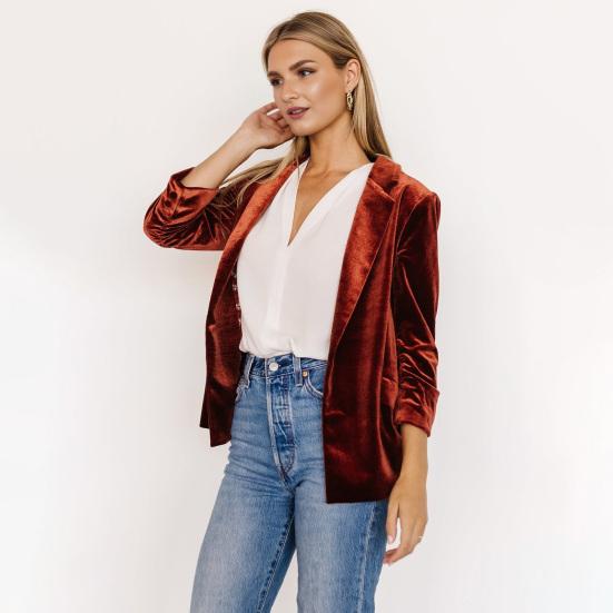 Women's Velvet Blazer Ruched 45720 Sleeve Lapel Open Front Cardigan