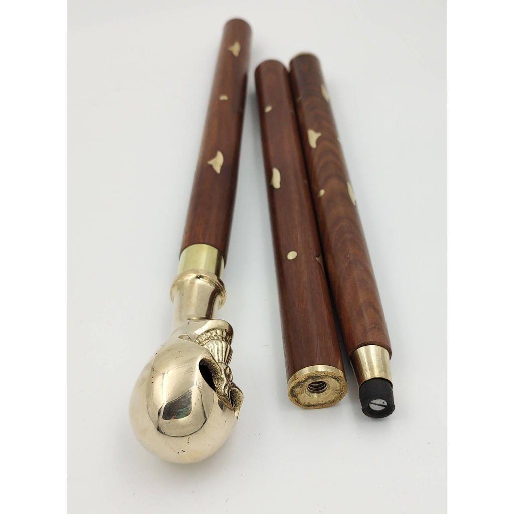 India Brass Skull Handle Wood Walking Stick Cane 3 Part Easily Open Walking Stick