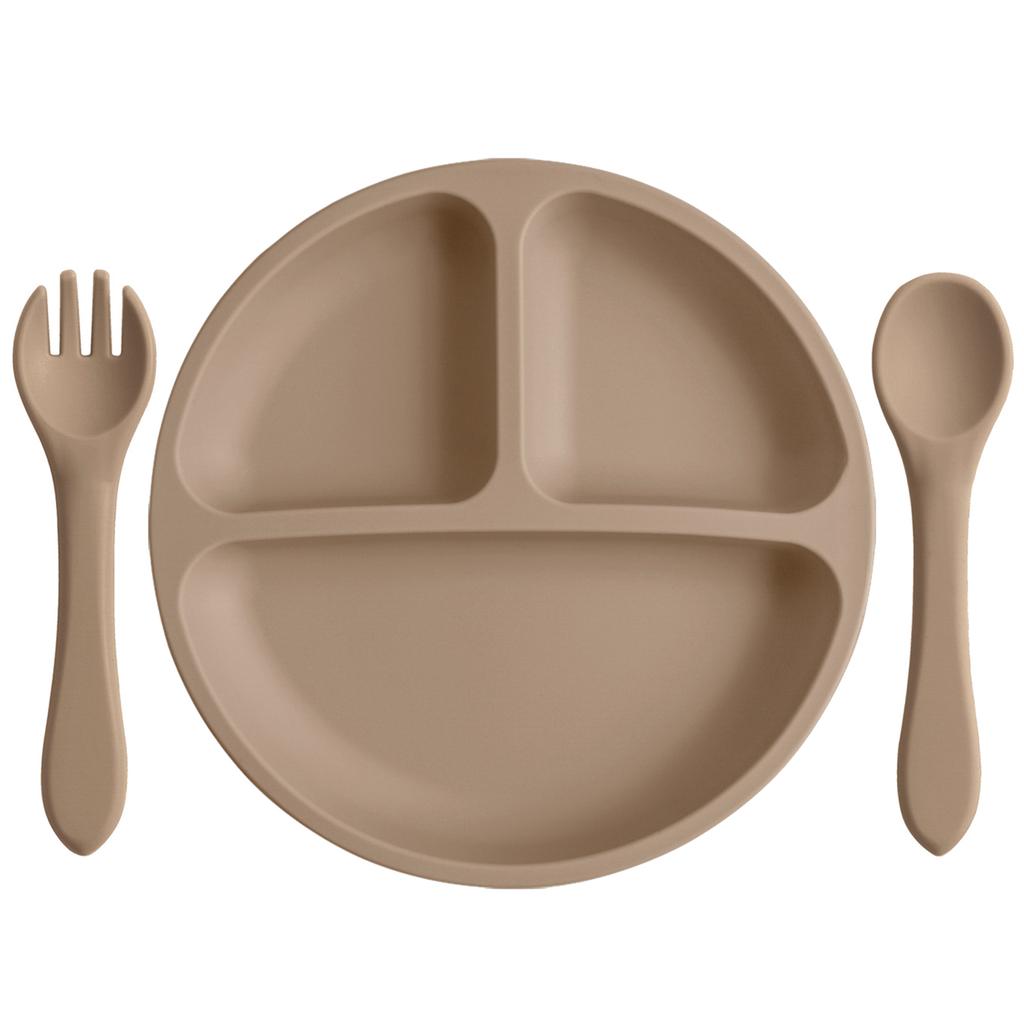 Color Kids 3PCS Silicone Baby Feeding Set Suction Plate Wooden Spoon Fork BPA Free Training Tableware Dish Bowl Gift Set