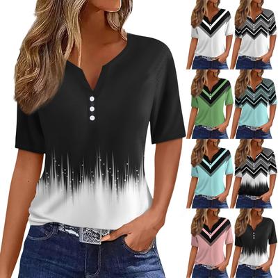 חולצת טריקו לנשים כפתור הדפסת חולצה שרוול קצר יומי אופנה סוף שבוע בסיסית V- צווארון רגיל העליון