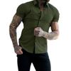 Fitness Short Sleeved Lapel Shirt Elastic Thin Style Solid Color Sports Casual Cardigan Shirts for Men