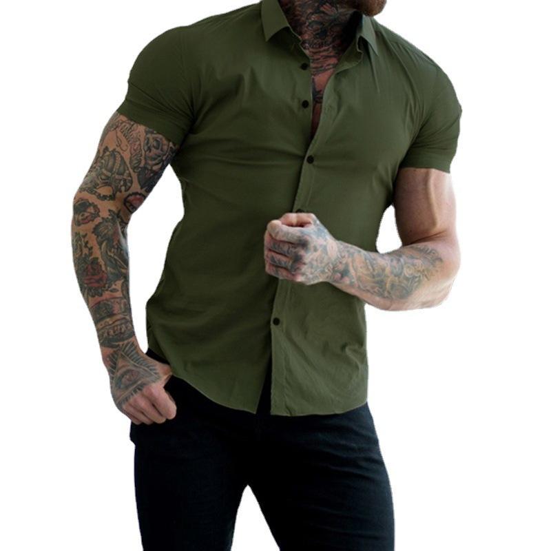 Fitness Short Sleeved Lapel Shirt Elastic Thin Style Solid Color Sports Casual Cardigan Shirts for Men
