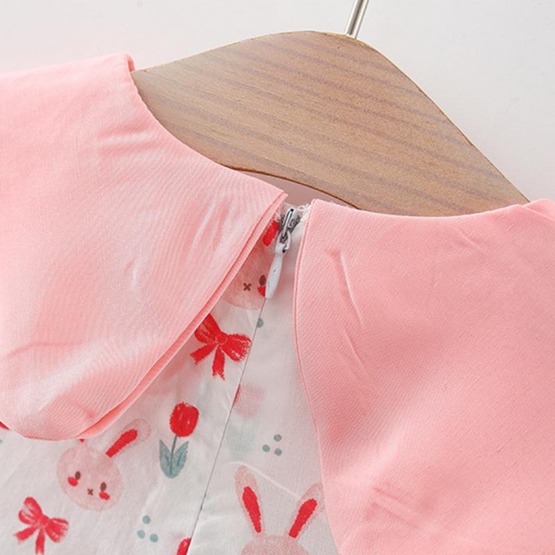 Lato Nowa Bawełniana sukienka dla dziewczynki Edycja Kołnierzyk zapinany na guziki Sukienka z małym króliczkiem na całe ciało Handel zagraniczny Sukienka dziecięca