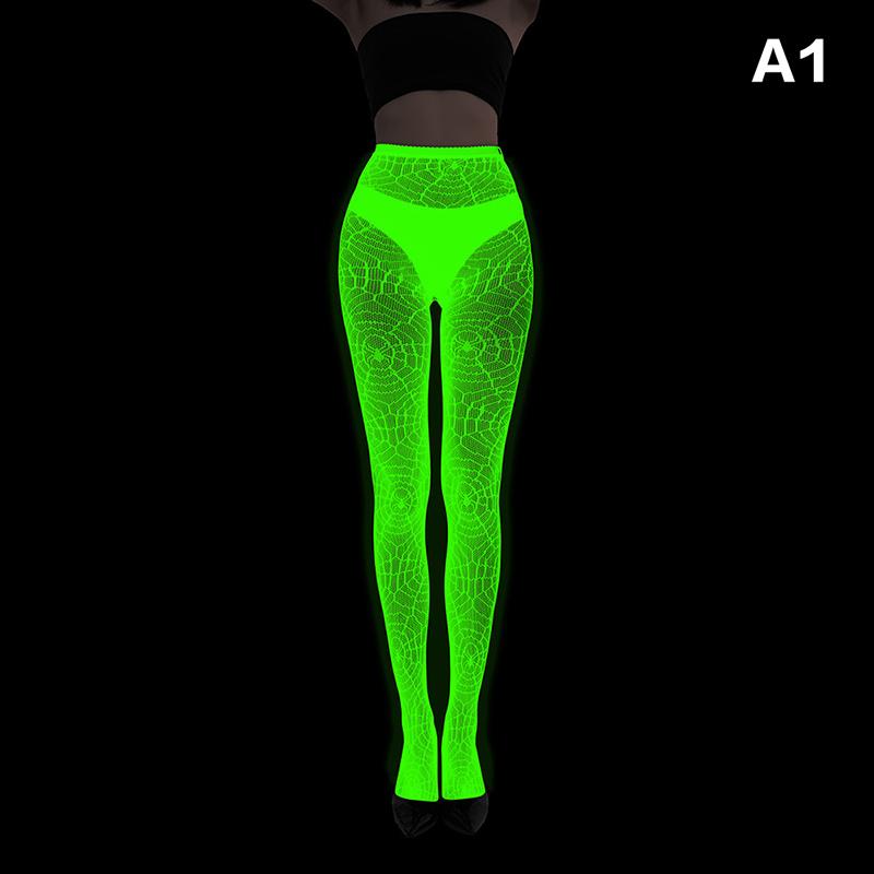 Glow In The Dark Fishnet Stockings Mesh Hollow Luminous Base Socks Shiny Pantyhose Tights Women Sexy Print Noctilucent Stocking