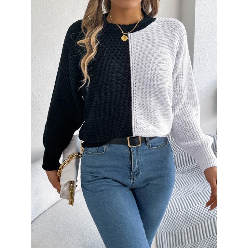 Women S Casual Color Block Round Neck Long Sleeve Pullover Sweater