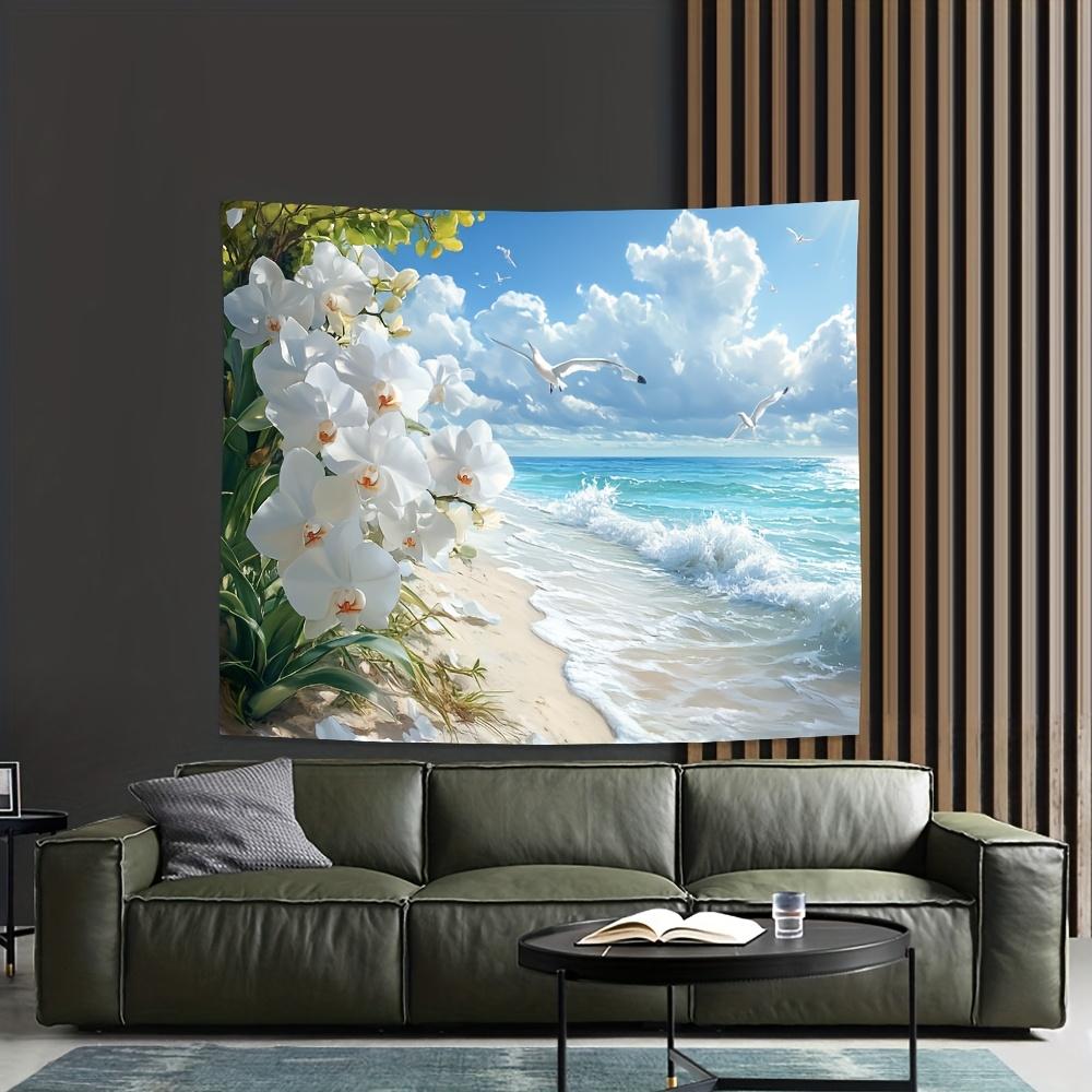 Tropical Beach Tapestry, White Orchids And Seagulls Print, Scenic Wall Art For Home Dorm Background