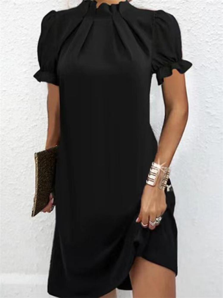 Vestidos de verão com manga curta e gola plissada, pulôver, cor sólida, solto, casual, feminino, elegante, para viagem, 5XL