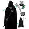 GOKEI Grim Reaper Cosplay 4-Piece Set Halloween Costume Cloak Mask Scythe Gloves Skeleton Horror Disguise Props Ghost Haunted House Demon Witch Club