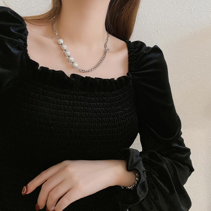 Love Pearl Necklace Asymmetrical Splicing Design Sense Niche Neck Chain Accessories Simple Individual Cold Wind Collarbone Chain