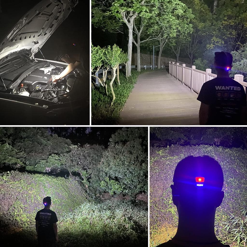 DARKBEAM USB Rechargeable COB Headlamp with White and Red Hard Hat Wide LED for Car Construction Outdoor and Power 4 and Hour Long Battery Life