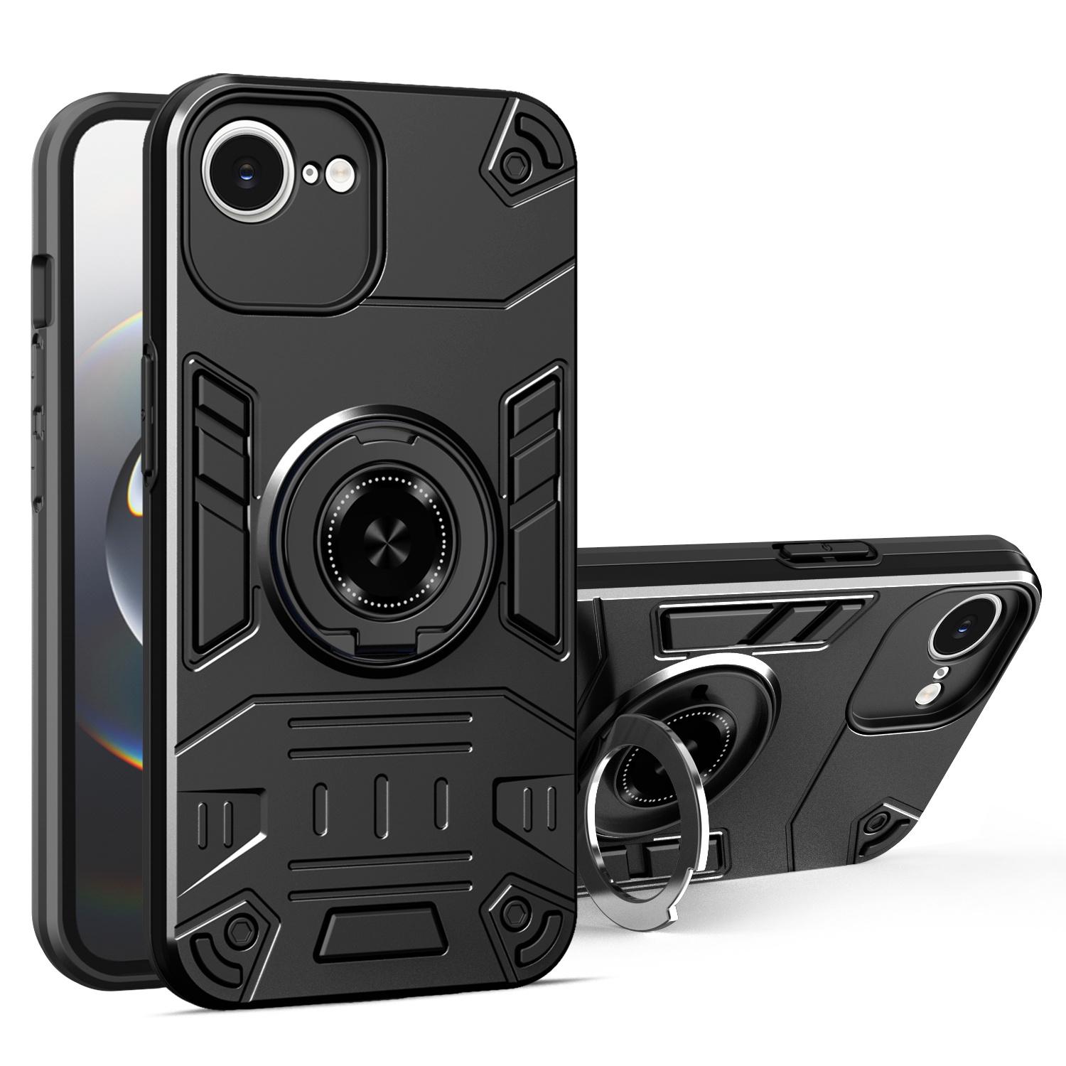 

For iPhone 16e Case with Ring Holder Kickstand PC + TPU Anti-Fall Phone Cover