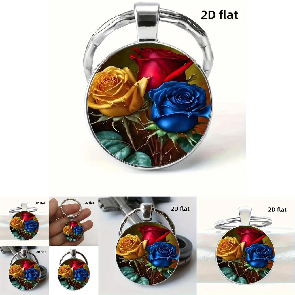 Red Yellow Blue Rose Design Keyring With Zinc Alloy And Glass For Collectors Item