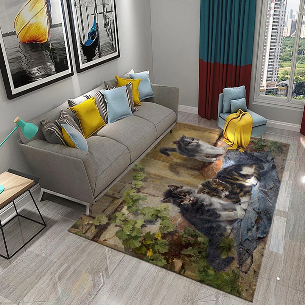 Cute Cat Oil Painting Carpet Bathroom Modern Non-slip Door Mat Kitchen Home Living Room Bedroom Funny Kitty Decor Floor Area Mat