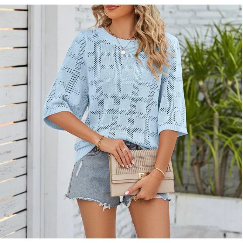 Neuer Sommer Damen Rundhals Hohl Sonnenschutzkleidung Gestrickter Pullover Bluse
