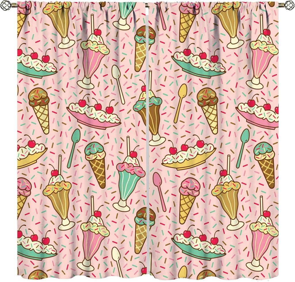 Ice Cream Curta,Pink Cartoon Ice Cream Candy Dessert Home Decor Drape For Bedroom Living Room Kitchen Window Treatment