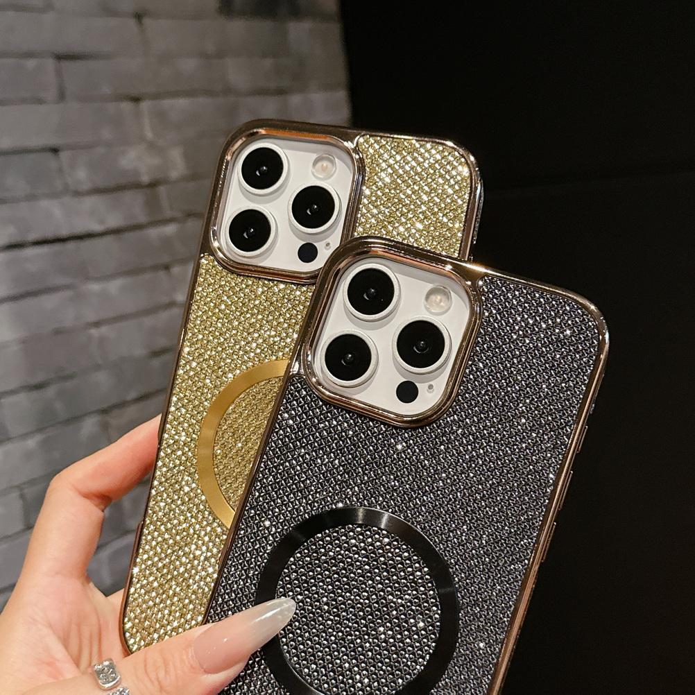Shiny Rhinestone Glitter Plated Border Magnetic Ring Case for iPhone 16 Pro Max 15 Plus 14 + 13 Pro 12 11 Lens Protection Cover