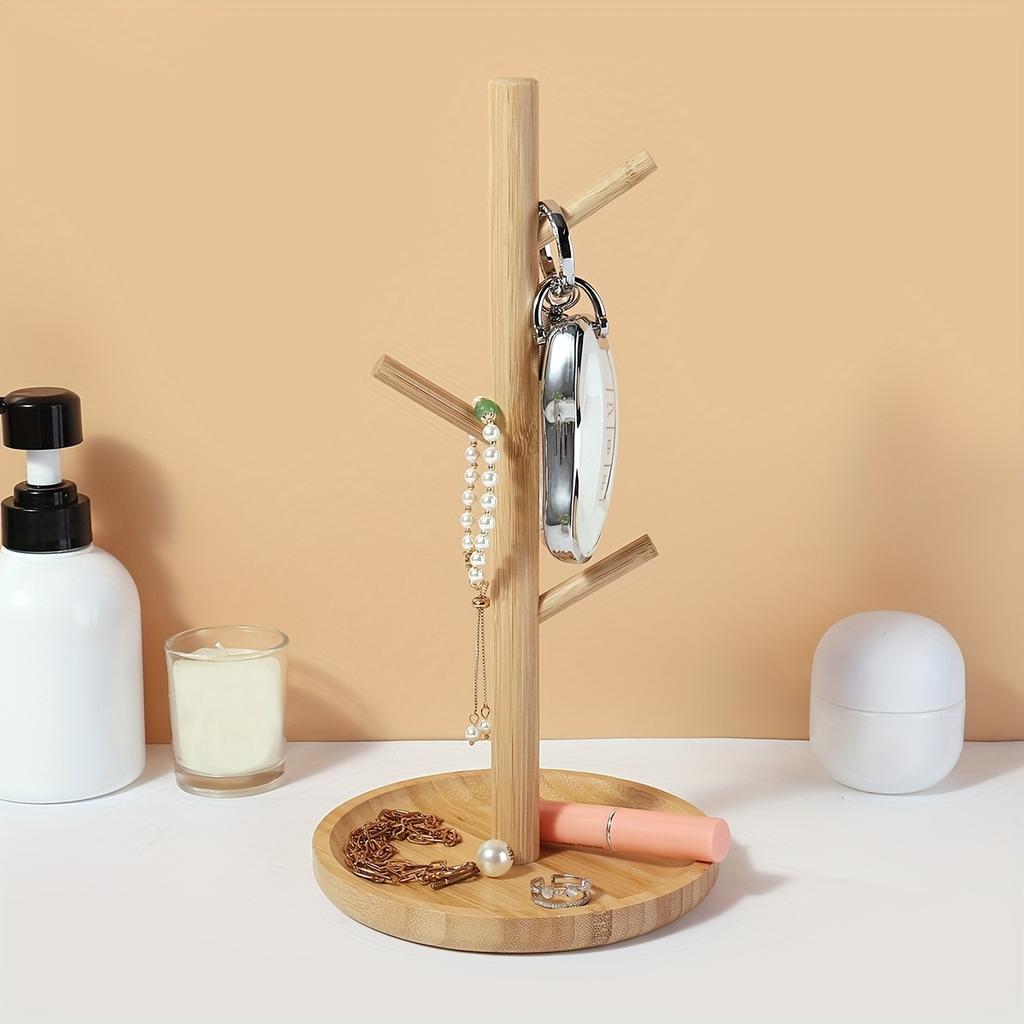 Bambusový závěsný stojan na šperky do koupelny, držák na náhrdelníky a náramky s bambusovým táckem na misky pro vystavení náušnic