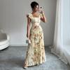 Damen Blumenmuster Maxikleid Quadratischer Ausschnitt Rüschenärmel Hohe Taille Falten Casual Kleid