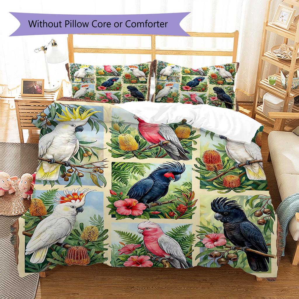 Retro Flower Parrot Pattern Bedding,Quilt Set Quilt Cover Pillowcase Home Birthday Gift (1 * duvet cover + 2 * pillowcase, without core)
