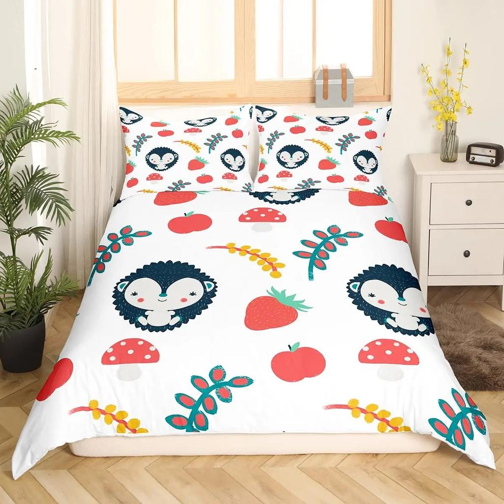 Hedgehog Duvet Cover 3D Cartoon Hedgehog Flower 2/3PCS Bedding Set Kids Boys Girls Animal Queen Double Quilt Cover