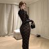Women's Temperament V-neck Lace-up Slim Lace Long-sleeved Dress