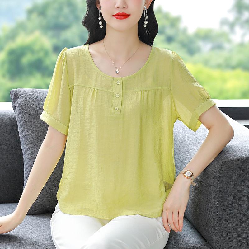 Chiffon Shirt Summer Women's New Belly-covering Breathable Slim and Thin Round Neck Simple Casual Large-size Top
