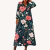 Women's Fashionable Printed Round Neck Seven Quarter Sleeve Button Loose Shirt Dress