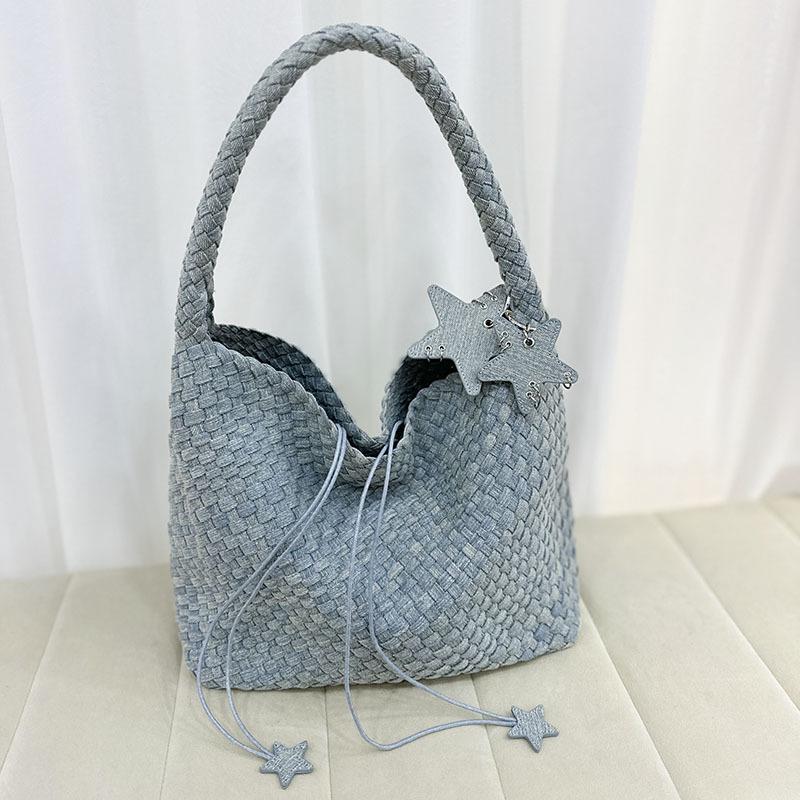 New tie-dye denim pure hand-woven bag large-capacity shopping bag casual large bag star bag