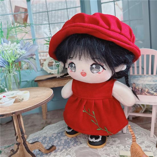 1 Set Exquisite Red Berets Cozy Touch Cotton Doll Clothes 20cm Stuffed Idol Shawl Dress Hat Girl Toy Gift