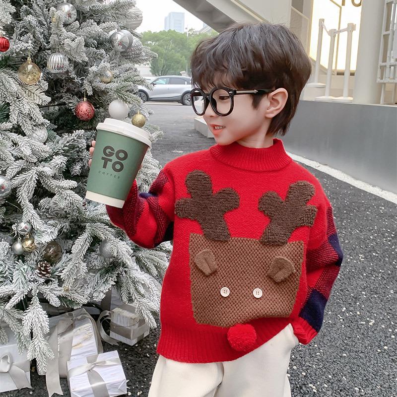 

2025 Boys Red Knitted Cartoon Sweater - Thickened Pullover for Autumn/Winter, New Year Style 120 cm красный