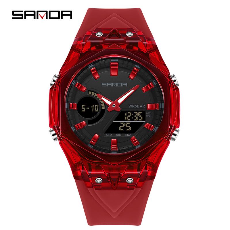 Sanda Dual Display Multifunction Fashion Wristwatch with Colorful Transparent Case for Youthful Korean Style