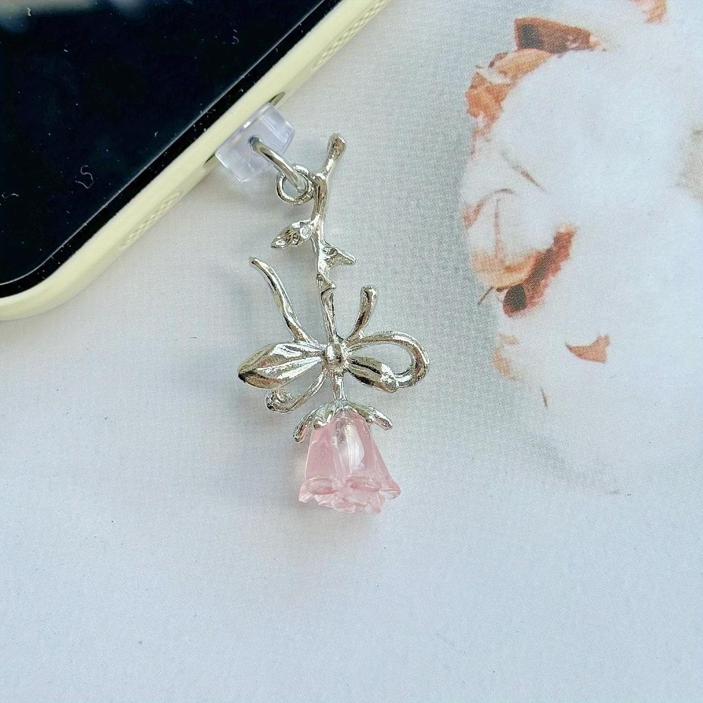 1 Pink Flower Charm Mobile Phone Dust Plug, Cute Floral Hanging Accessory, Christmas Thanksgiving New Year Gift