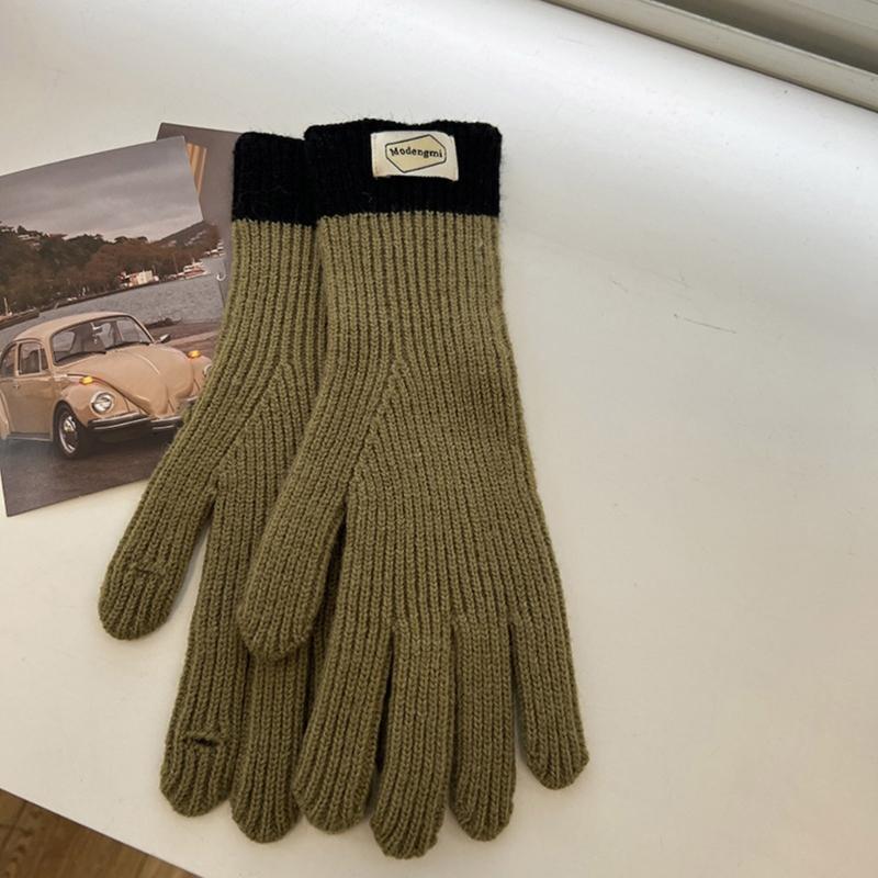 Womens Warm Knitted Full Finger Gloves Outdoor Riding Touchable Screen Colorblock Letters Label Decor Thermal Mittens