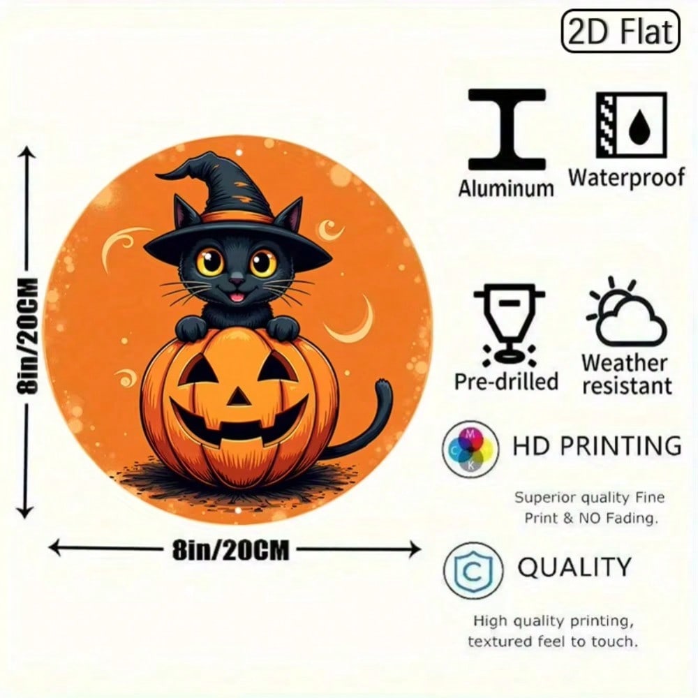 Black Cat Witch Hat Pumpkin Metal Wall Art Halloween Decor Orange Bubble 8x8 Inch Home Sign TYA25411-20X20CM