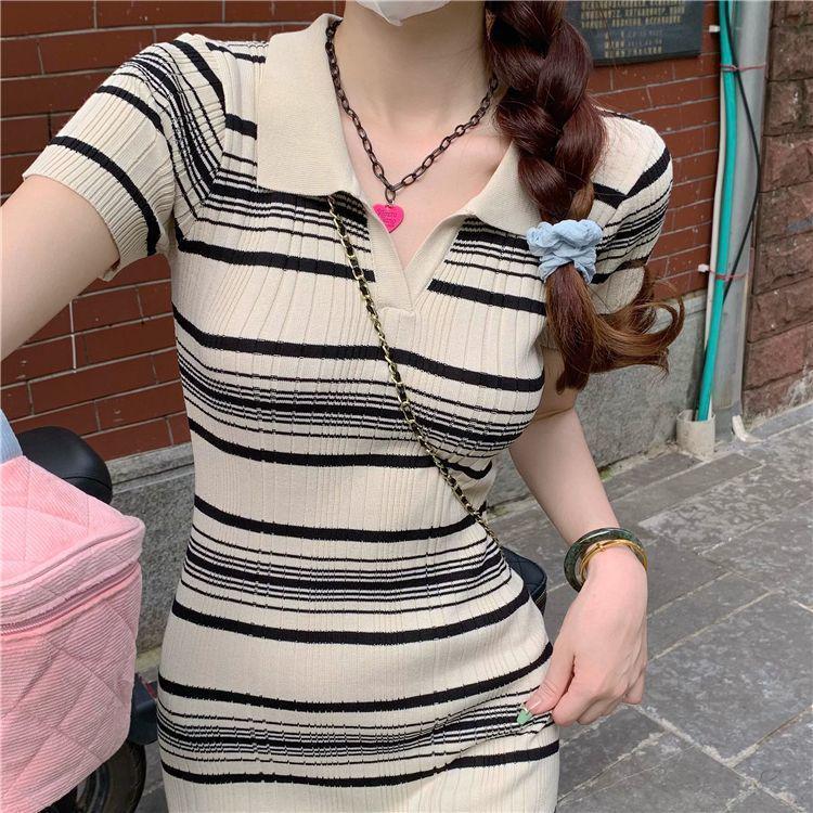 Women's Striped Polo Collar V-Neck Mid-Length Slim Fit Dress – Summer 2026 Collection