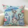 Chinoiserie Monkey Holding Blue Umbrell Cushion Cover Durable Hypoallergenic Organic Linen Pillow Cover Washable SkinFriendly