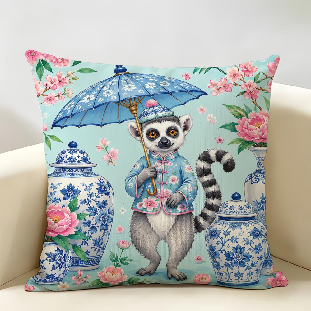 Chinoiserie Monkey Holding Blue Umbrell Cushion Cover Durable Hypoallergenic Organic Linen Pillow Cover Washable SkinFriendly