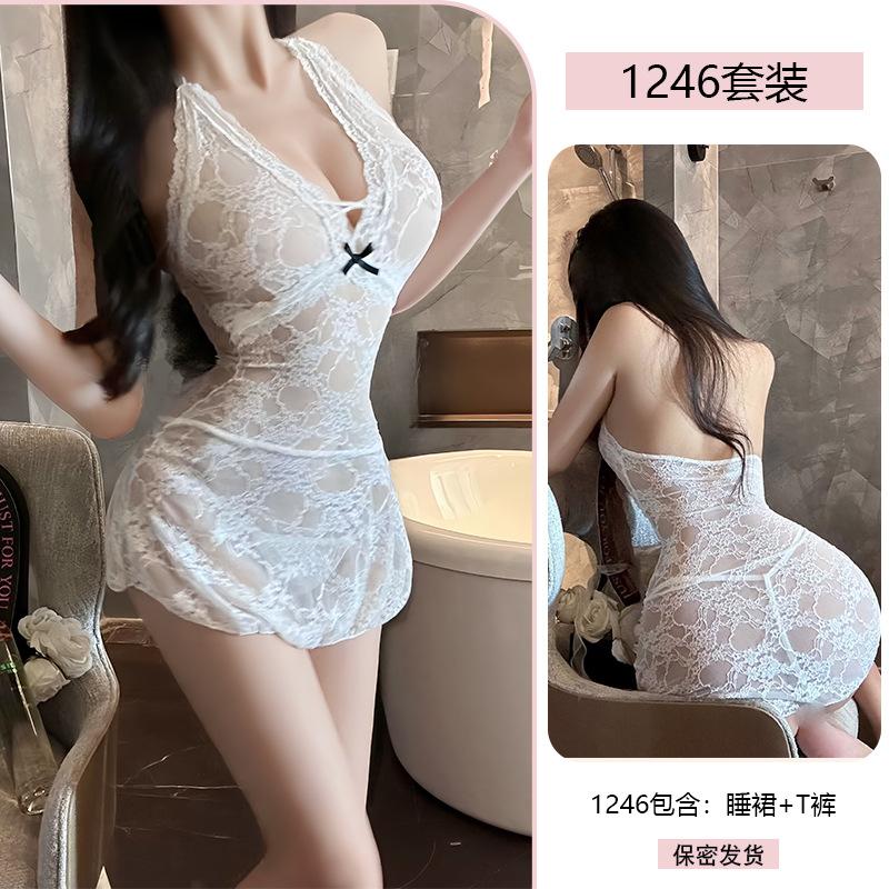 Erotic Underwear Pure Sleepiness Dress Sexy Lace Seductive Neckline See-through Small Chest No-Take Pajama Set 1246